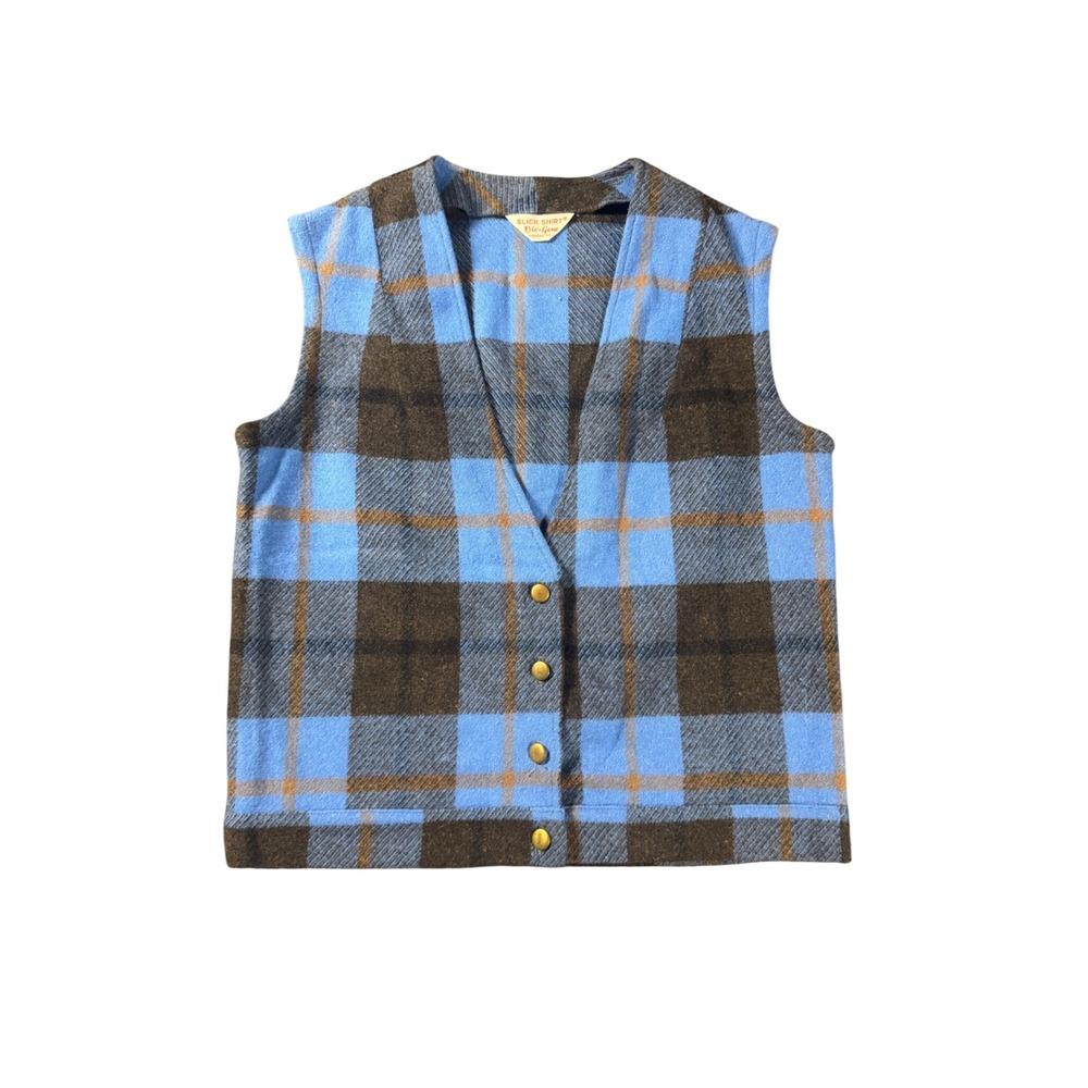 1950s vest Vic-Gene Plaid Vest Blue Brown Wool Blend western vintage